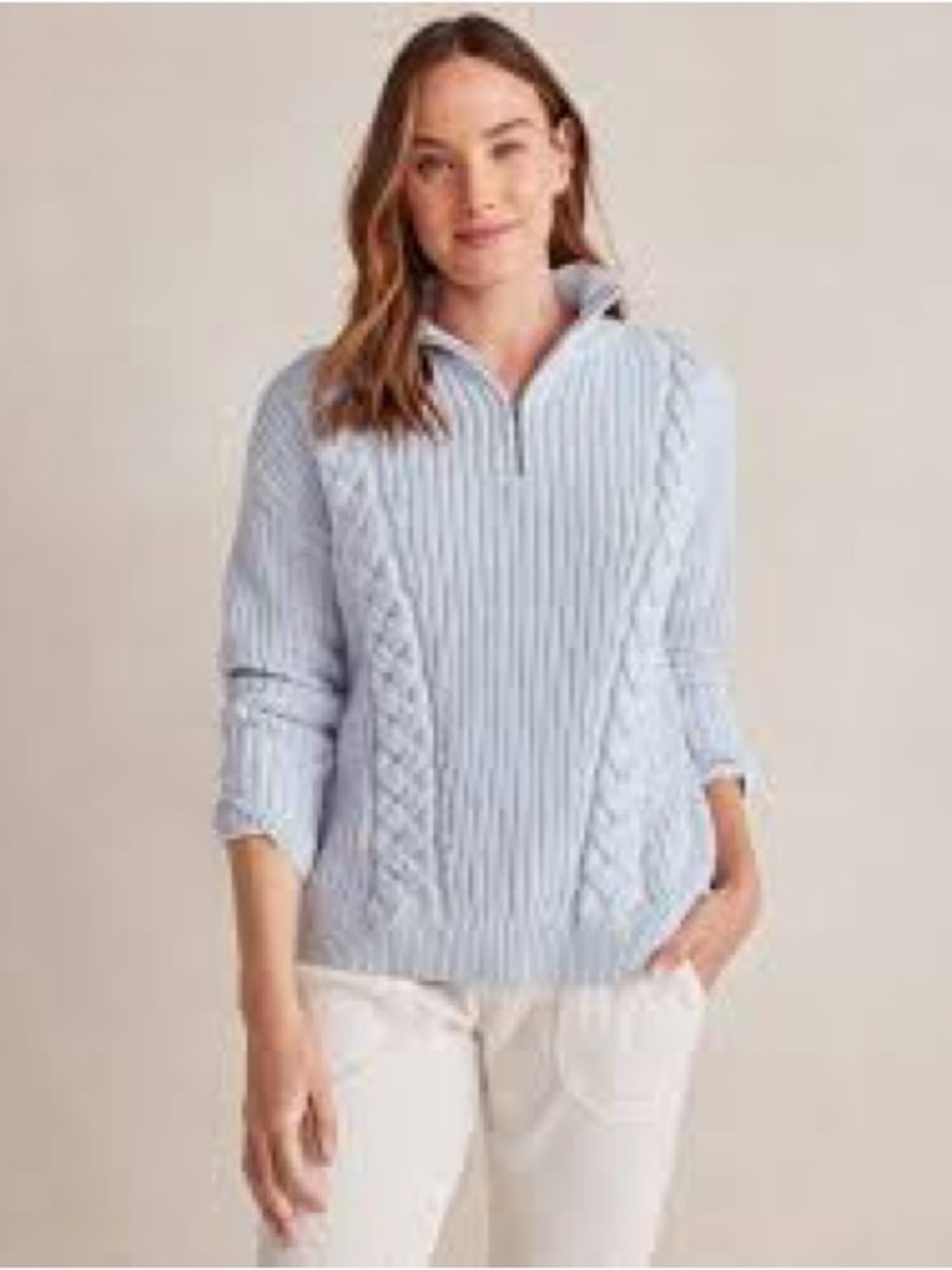 Haven Well Within Shaker Stitch Light Blue Gray Cable Knit Half-Zip Sweater